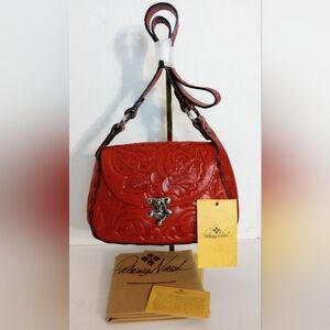 NWT Patricia Nash Rose Tooled Leather Micaela Shoulder Bag, Red Papaya